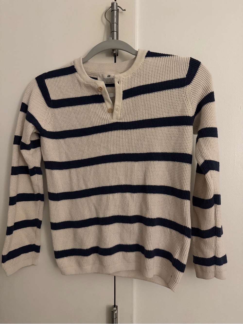 H&M kid’s Cream and Navy Striped Crewneck Henley Sweater